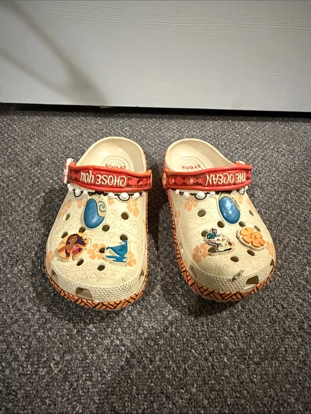 Kids Moana CROCS Beige Clog Sandals with Orange Strap and Floral Accents